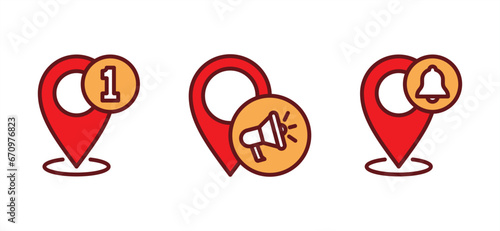 Map pin location with notification icon set. Location pin with alarm, inbox message, ringing bells, and speaker icon symbol. Editable stroke. Vector illustration