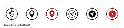 Target travel and trip location icon set. Target destination icons. Aim with map pin and GPS navigation arrow icon symbol. Editable stroke. Vector illustration