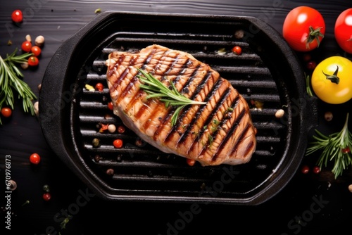 top view of a grilled tuna steak on a black ceramic plate