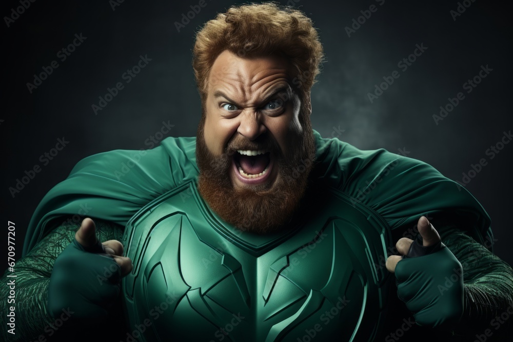 The funny screaming dude portrays a powerful Irish Superman and ready to defeat any opponent. Black background, copy space. The funny screaming dude portrays a powerful Irish Superman and ready to defeat any opponent. Black background, copy space.