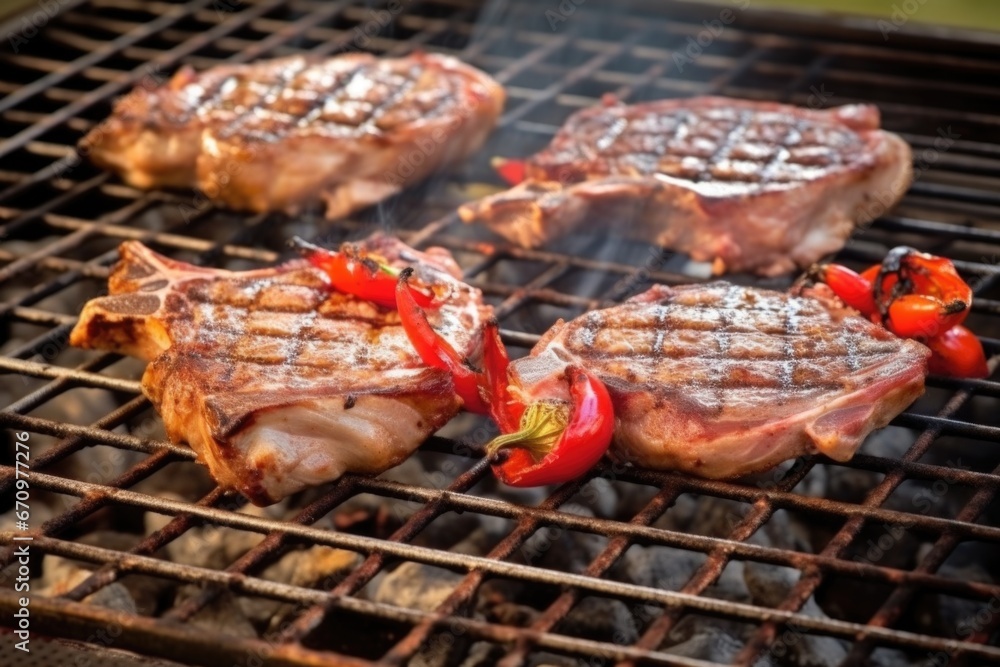 veal chops grilling on a stainless steel home barbecue veal chops grilling on a stainless steel home barbecue