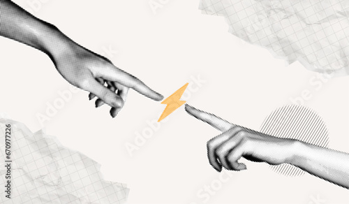 Trendy Halftone Collage Two hands pointing to lightning bolt. Power of teamwork. Digital contemporary art. SEO marketing concept. Business idea. Vector retro pop art illustration