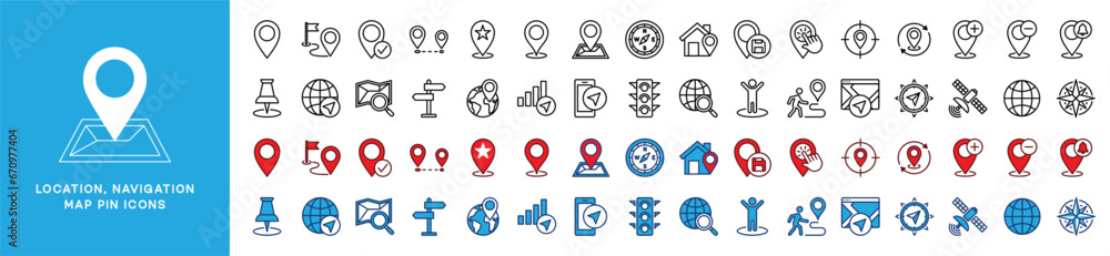 Location, navigation, and map pin icons set. Map marker icon symbol. Direction, compass, GPS, place, distance, route, traffic, road and other. Thin line and color style. Vector illustration - obrazy, fototapety, plakaty 