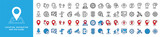 Location, navigation, and map pin icons set. Map marker icon symbol. Direction, compass, GPS, place, distance, route, traffic, road and other. Thin line and color style. Vector illustration