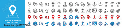 Location, navigation, and map pin icons set. Map marker icon symbol. Direction, compass, GPS, place, distance, route, traffic, road and other. Thin line and color style. Vector illustration