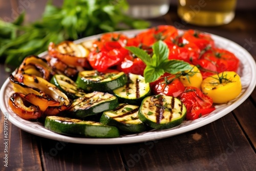 platter with grilled vegetables garnished with fresh herbs
