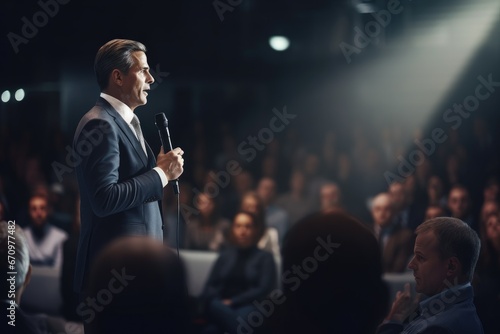 Successful senior business man holding a speech on a conference