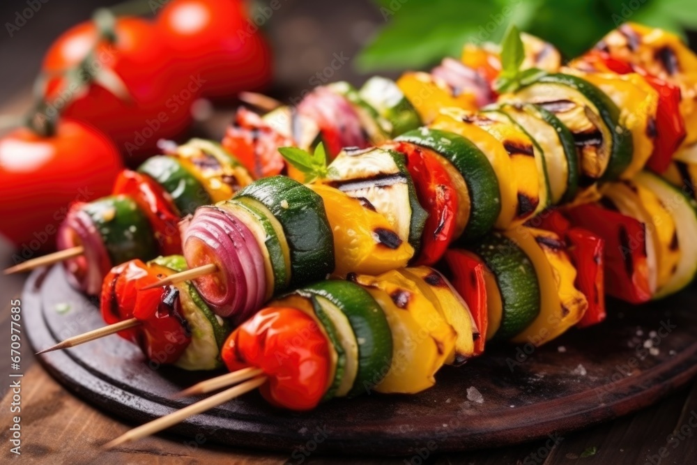 grilled vegetable skewers stacked on a stone surface