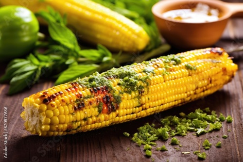 single grilled corn on the cob placed alongside herbs
