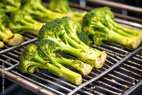 grilled broccoli florets on a metal grill rack