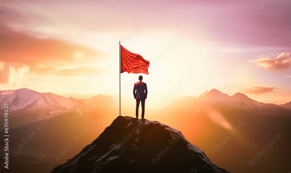 Silhouette of hiker standing confident on mountain top beside waving flag at sunset