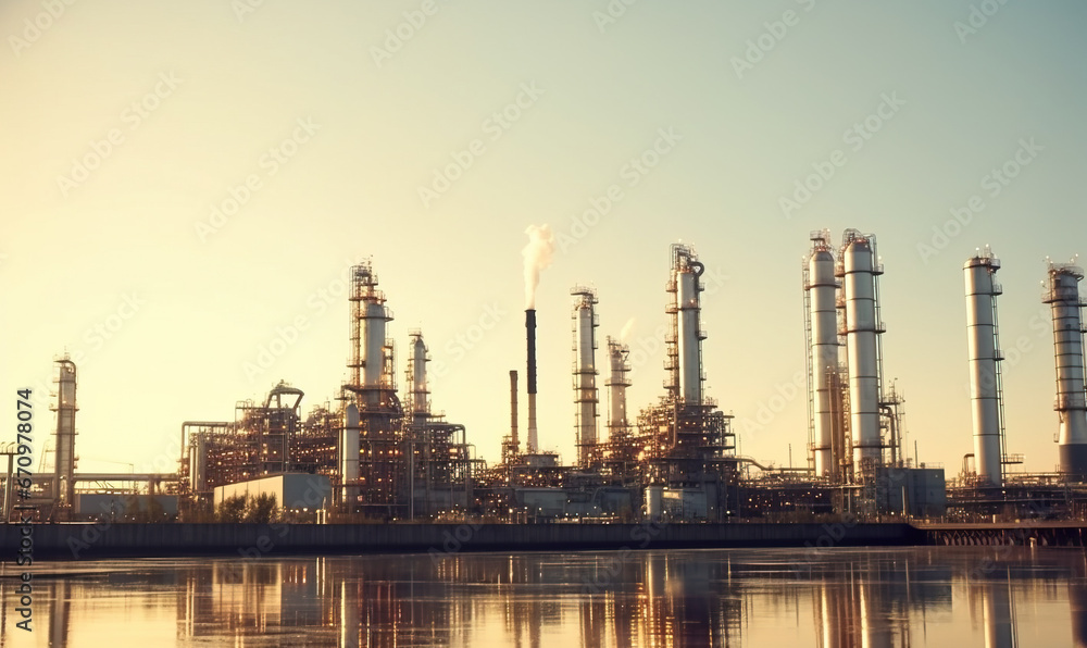 Oil Refinery with smoke stacks and pipes in front of body of water
