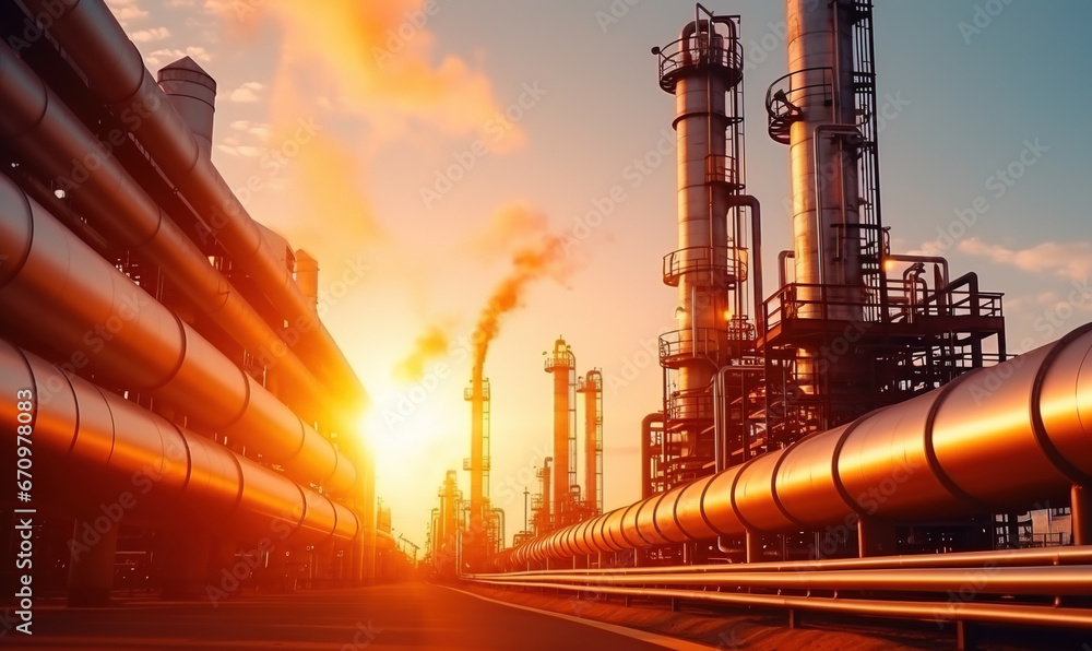 Pipelines at oil refinery with bright sunset Pipelines at oil refinery with bright sunset