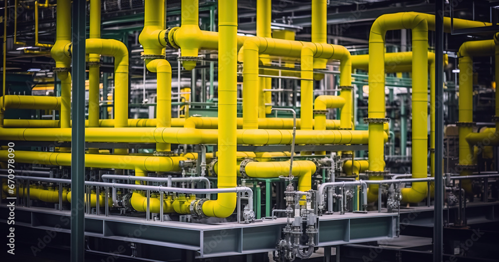 Intricate yellow gas pipelines in industrial plant Intricate yellow gas pipelines in industrial plant