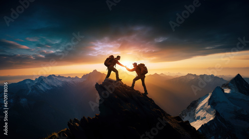 Panoramic view Mountain man giving a helping hand to fellow hiker