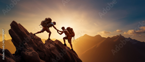 Helping hand in a difficult moment for fellow mountain climber in panoramic mountain sunset landscape
