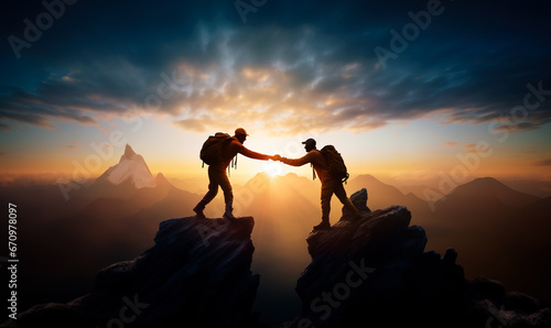 Two hikers holding hands with deep cliff gap between them