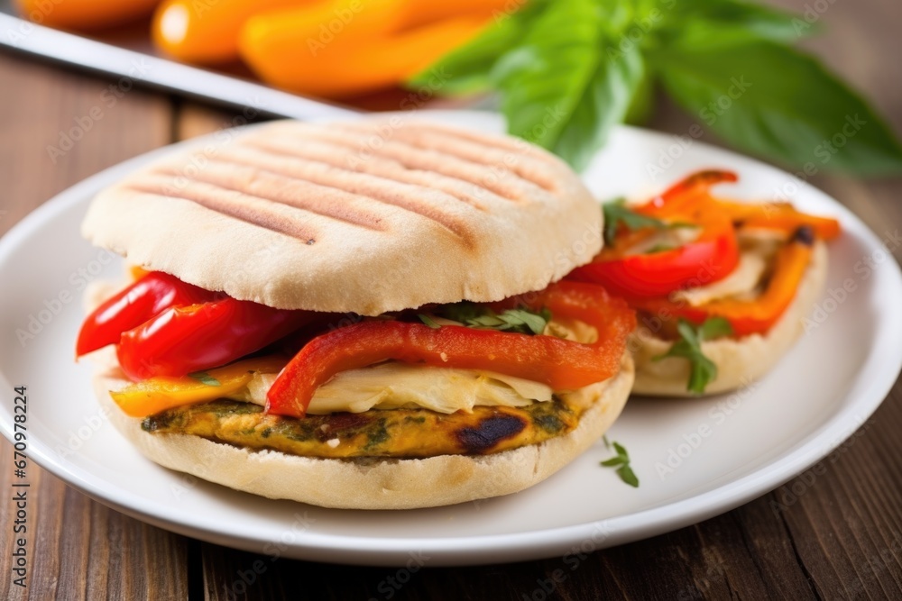 sweet potato patty with grilled peppers in a bun sweet potato patty with grilled peppers in a bun