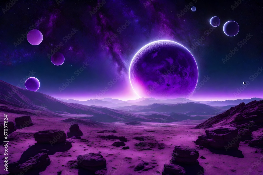 A surreal landscape of a purple planet with three moons and a glowing ring of energy - AI Generative A surreal landscape of a purple planet with three moons and a glowing ring of energy - AI Generative
