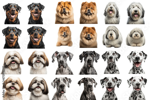 Collection of dogs of various breeds on a transparent background. PNG Collection of cute dogs on a transparent background.