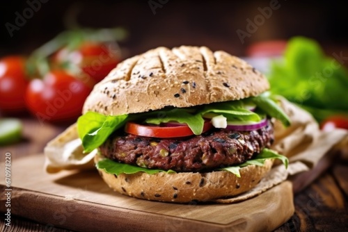 a grilled veggie burger in a wheat bun with lettuce