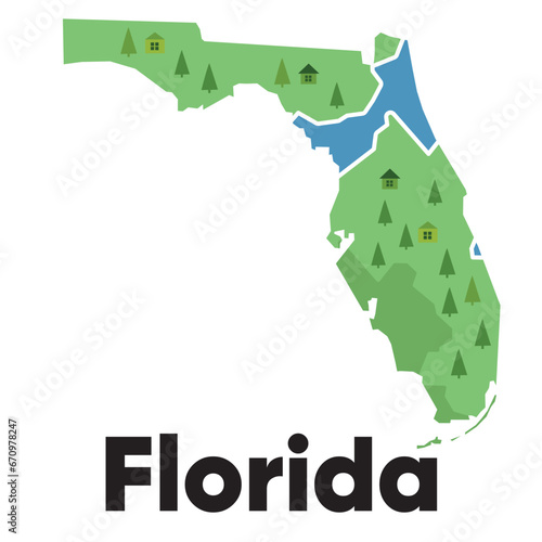 Florida map shape United states America green forest hand drawn cartoon style with trees travel terrain