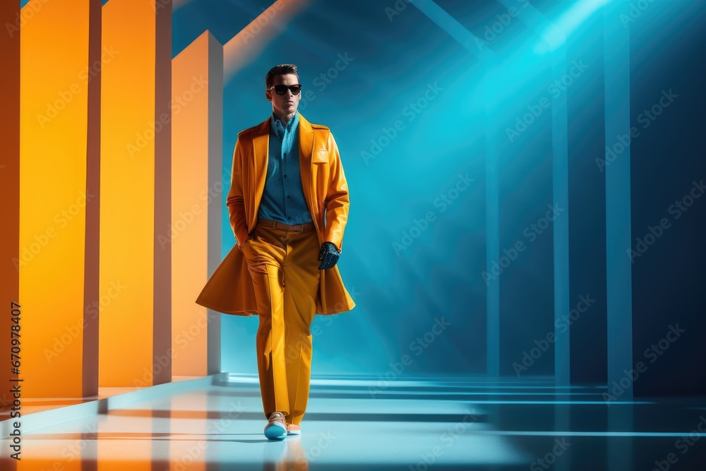 Male fashion model on catwalk at high fashion show on fashion week