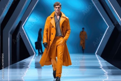 Male fashion model on catwalk at high fashion show on fashion week photo