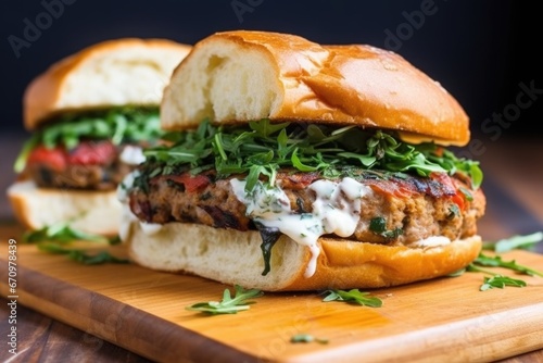 closeup of a grilled lentil burger with vegan mayo © primopiano