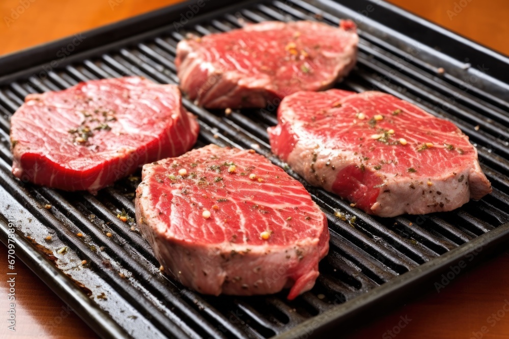 steak halves display grill marks on a steel plate