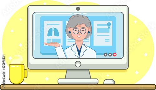 Vector illustration of telemedicine doctor consultation on computer from home. Medical consultation online