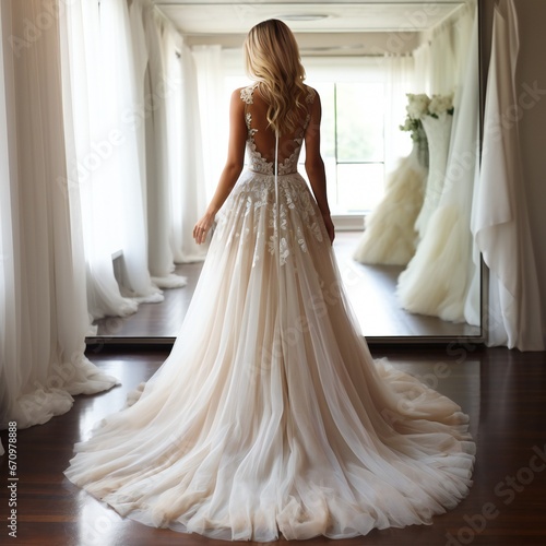 Beautiful dress. Full length of attractive young woman wearing wedding dress while standing in front of the mirror in bridal shop back view photo