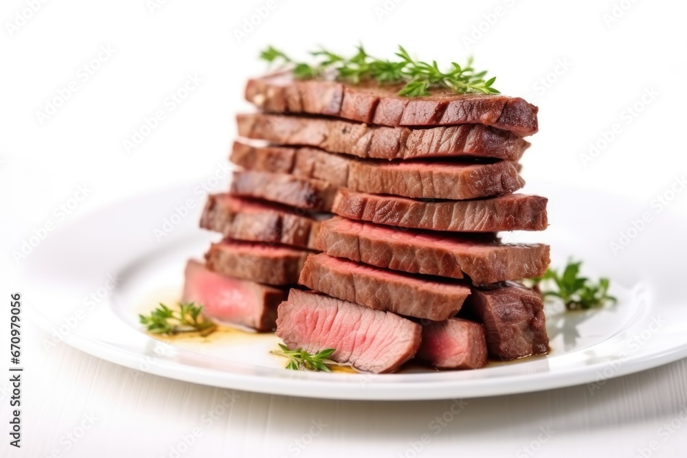 tower stack of steak slices on a clean white plate