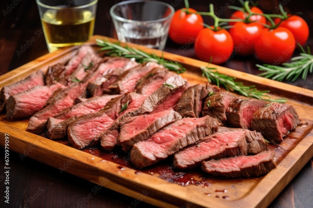 grilled steak sliced into juicy chunks on a serving tray