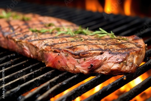 close-up steak with charred grill lines on display