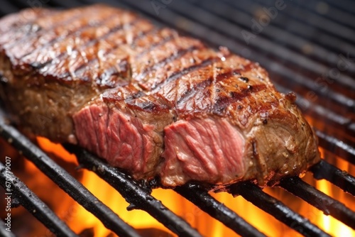 close-up steak with charred grill lines on display