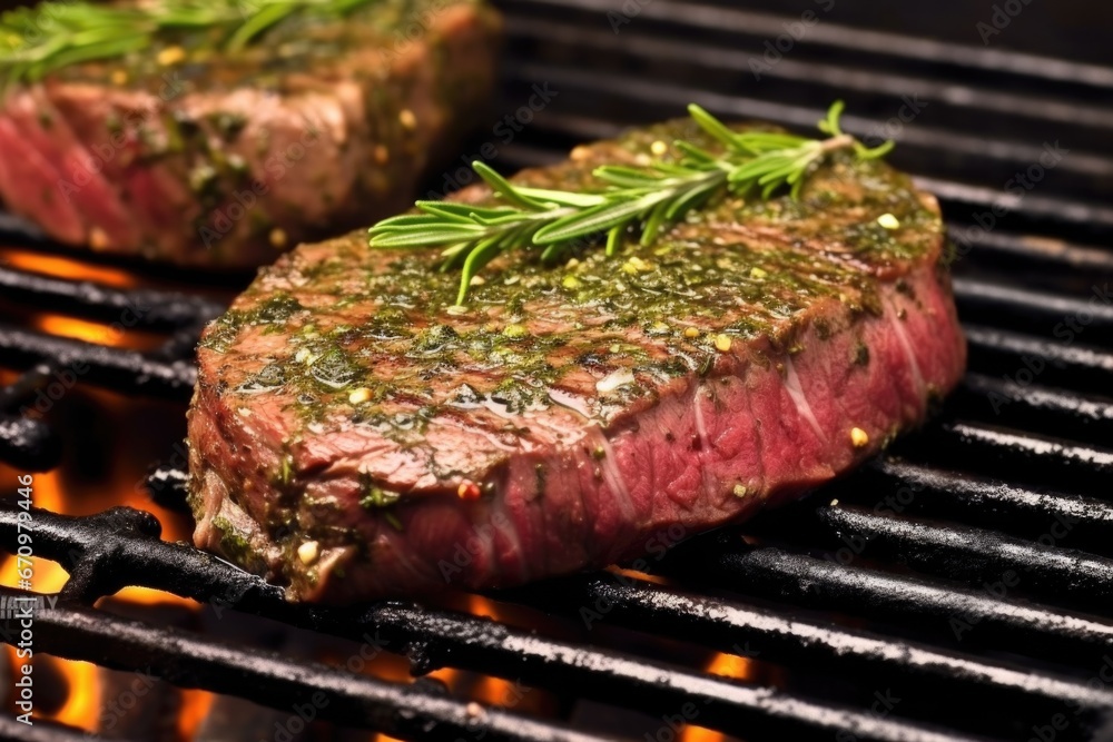 close-up shot of herb-crusted beef steak on grilling pan