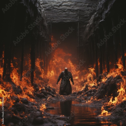 a man in a robe walking through a fire tunnel