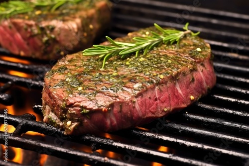 close-up shot of herb-crusted beef steak on grilling pan