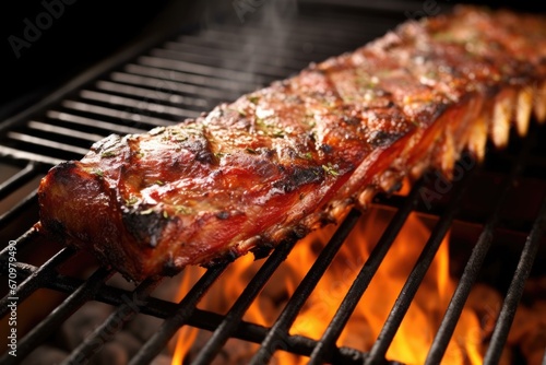 side view of a full rack of ribs with smoke