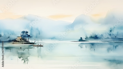 Asian beatiful landscape. Watercolor art style wallpaper background