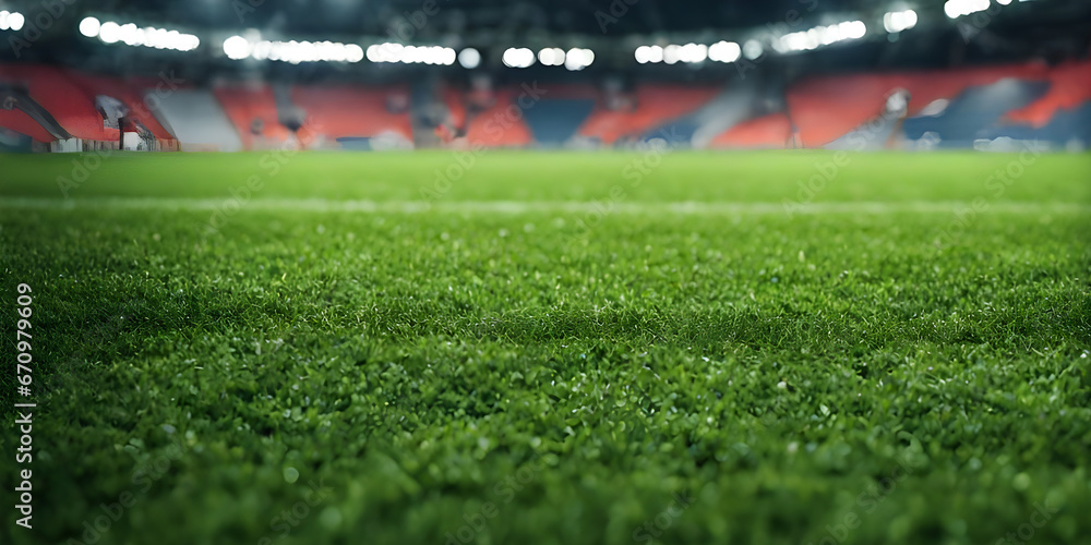 Lawn in the soccer stadium. Football stadium with lights background. - obrazy, fototapety, plakaty 