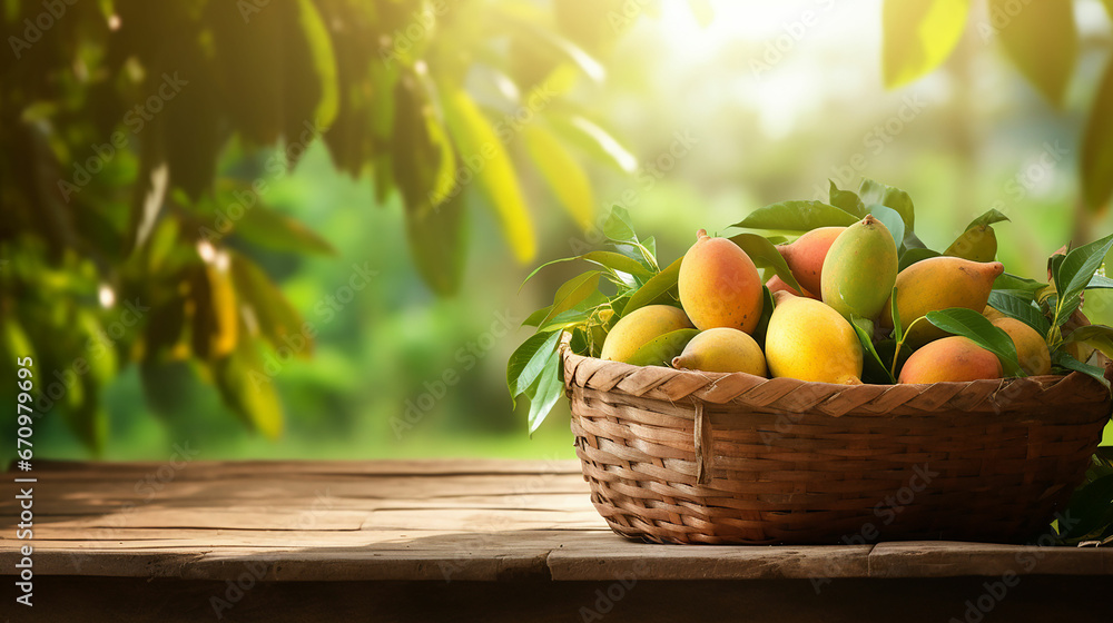 Mango in basket with leaves on wooden table and Mango tree farm with sunlight background. Made with generative ai