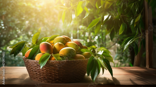 Mango in basket with leaves on wooden table and Mango tree farm with sunlight background. Made with generative ai