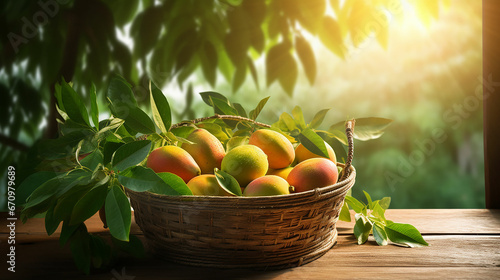 Mango in basket with leaves on wooden table and Mango tree farm with sunlight background. Made with generative ai