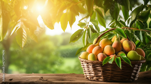 Mango in basket with leaves on wooden table and Mango tree farm with sunlight background. Made with generative ai photo