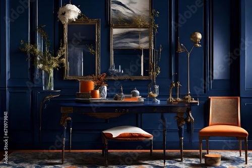 interor dark navy room design with blue sofa set and mirror in the lunge luxarious design modern living room  photo