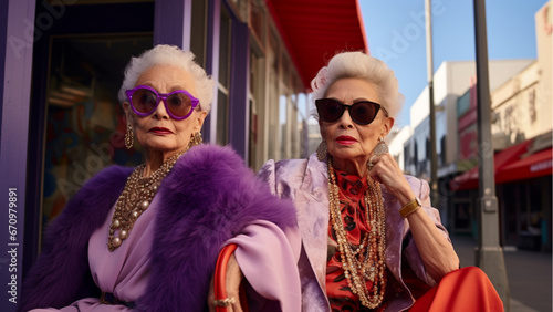 two old woman in purple attire wearing dresses posing outside store, in the style of effortlessly chic, italianate flair, close up, light beige and red photo