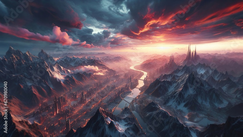 Fantasy Mountain City at Sunset - AI generated Illustration, realistic © Norbert