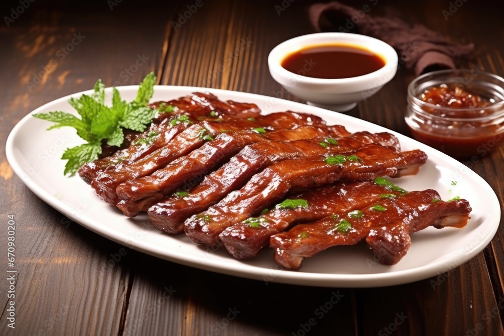 ribs glazed with sauce on a ceramic serving plate ribs glazed with sauce on a ceramic serving plate